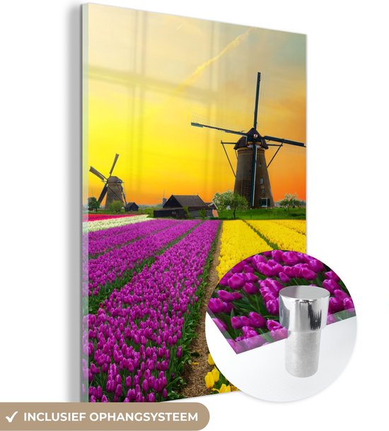 MuchoWow® Glasschilderij 60x80 cm - Schilderij acrylglas - Windmolen - Tulpen - Bloemen - Lente - Foto op glas - Schilderijen