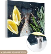 MuchoWow® Glasschilderij 120x90 cm - Schilderij acrylglas - Vis - Citroen - Kruiden - Foto op glas - Schilderijen