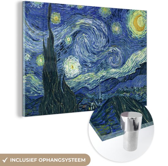 MuchoWow® Glasschilderij 60x40 cm - Schilderij acrylglas - Sterrennacht - Schilderij - Oude meesters - Vincent van Gogh - Foto op glas - Schilderijen