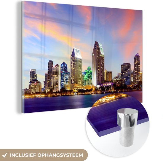 MuchoWow® Glasschilderij 90x60 cm - Schilderij acrylglas - Skyline - Verenigde Staten - Water - Foto op glas - Schilderijen