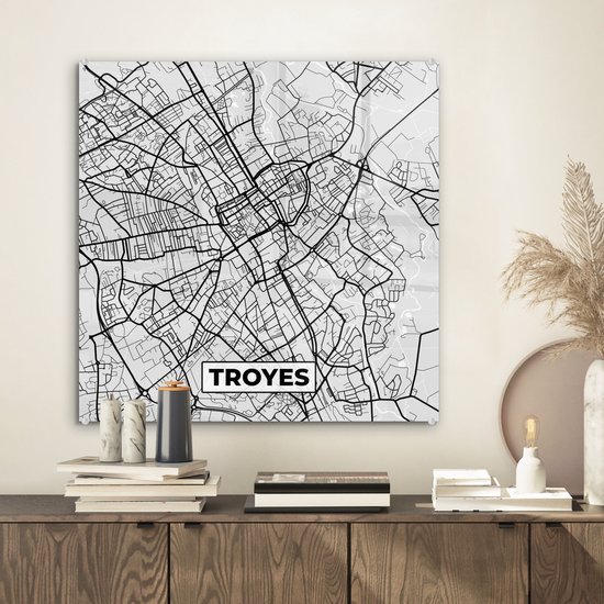 MuchoWow® Glasschilderij 50x50 cm - Schilderij acrylglas - Kaart - Stadskaart - Troyes - Plattegrond - Frankrijk - Foto op glas - Schilderijen