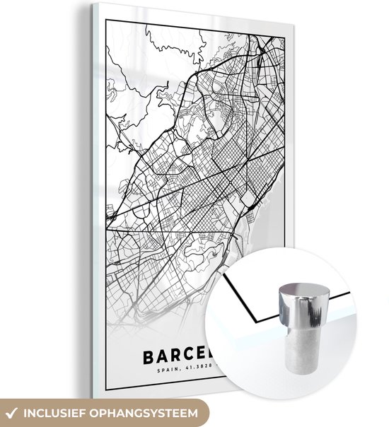 MuchoWow® Glasschilderij 20x30 cm - Schilderij acrylglas - Barcelona - Stadskaart - Plattegrond - Zwart Wit - Kaart - Foto op glas - Schilderijen