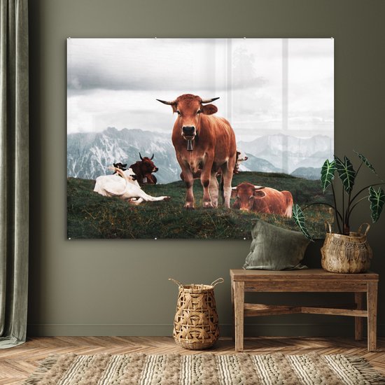 MuchoWow® Peinture sur verre 160x120 cm - Peinture sur verre acrylique - Animaux - Vache - Berg - Photo sur verre - Peintures