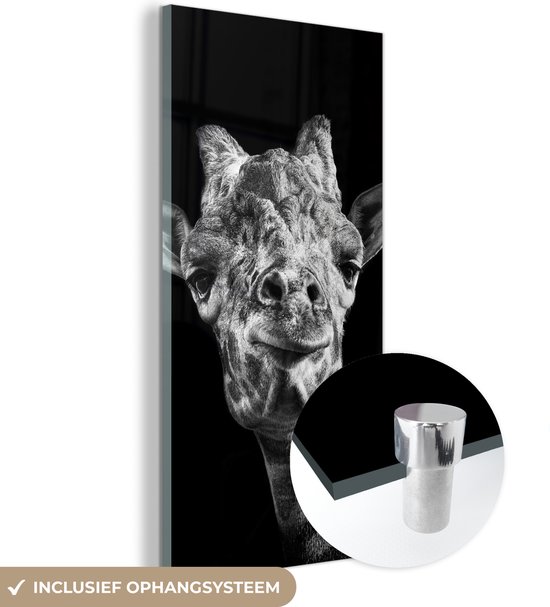MuchoWow® Glasschilderij 20x40 cm - Schilderij acrylglas - Giraffe tegen zwarte achtergrond in zwart-wit - Foto op glas - Schilderijen