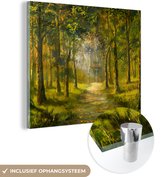 MuchoWow® Glasschilderij 90x90 cm - Schilderij acrylglas - Een illustratie van een pad door het bos - Foto op glas - Schilderijen