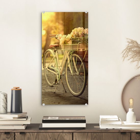 MuchoWow® Peinture sur verre 20x40 cm - Peinture sur verre acrylique - Fleurs dans le panier du vélo - Photo sur verre - Peintures