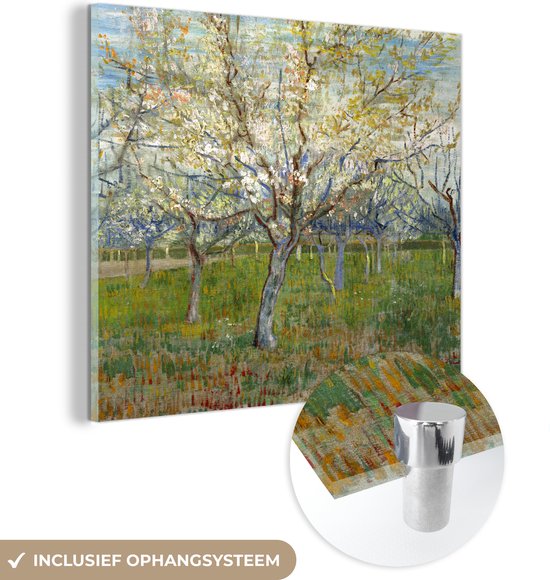 MuchoWow® Glasschilderij 50x50 cm - Schilderij acrylglas - De roze boomgaard - Vincent van Gogh - Foto op glas - Schilderijen