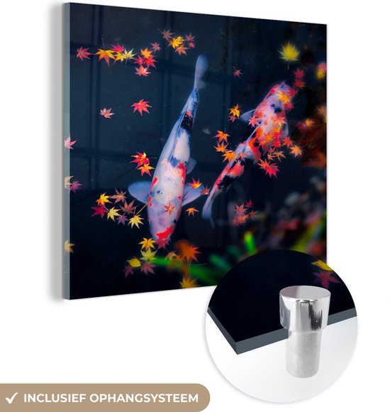 MuchoWow® Glasschilderij 20x20 cm - Schilderij acrylglas - Koi - Vis - Regenboog - Bladeren - Foto op glas - Schilderijen