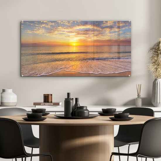 MuchoWow® Peinture sur Verre - Plage - Coucher de Soleil - Mer - 80x40 cm - Peintures sur Verre Acrylique - Photo sur Glas