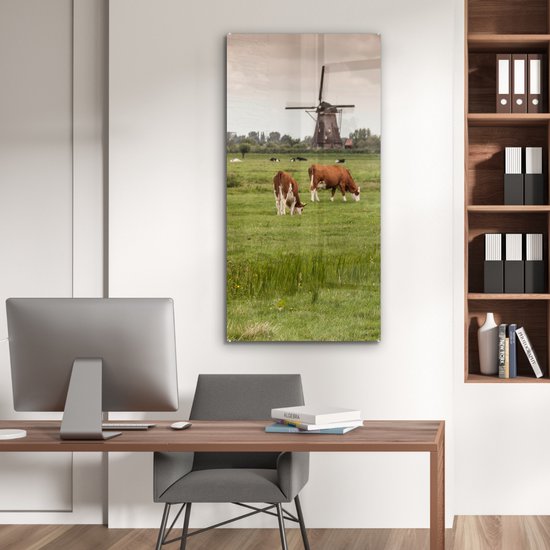 MuchoWow® Peinture sur verre - Vaches - Moulin - Nederland - 60x120 cm - Peintures sur verre acrylique - Photo sur Glas