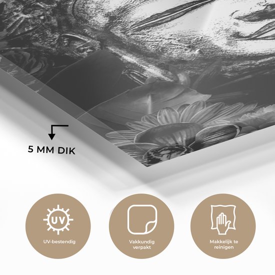 MuchoWow® Peinture sur verre 80x120 cm - Peinture sur verre acrylique - Tête brute de Bouddha avec fleurs et feuilles - noir et blanc - Photo sur verre - Peintures