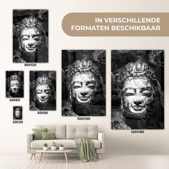 MuchoWow® Peinture sur verre 80x120 cm - Peinture sur verre acrylique - Tête brute de Bouddha avec fleurs et feuilles - noir et blanc - Photo sur verre - Peintures