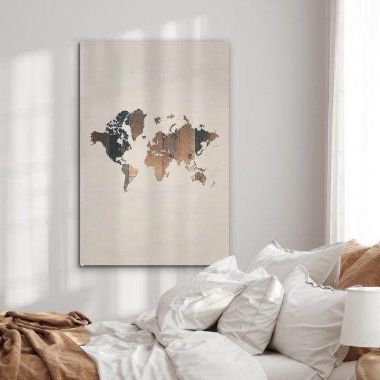 Peinture sur Verre - Carte du Wereldkaart - Planche de Bois - Marron - 80x120 cm - Peintures sur Verre Peintures - Photo sur Glas