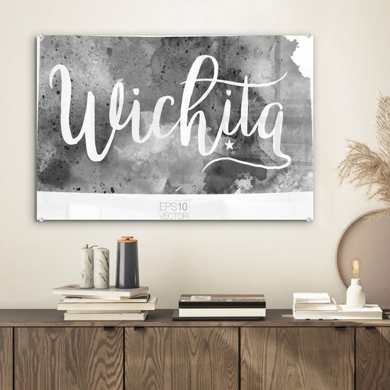 ® Glasschilderij 60x40 cm - Schilderij acrylglas - Een illustratie van de stad Wichita in Kansas met een kleurrijk kader - Foto op glas - Muurdecoratie woonkamer - Wanddecoratie slaapkamer - Schilderijen