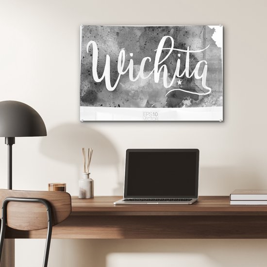 ® Glasschilderij 60x40 cm - Schilderij acrylglas - Een illustratie van de stad Wichita in Kansas met een kleurrijk kader - Foto op glas - Muurdecoratie woonkamer - Wanddecoratie slaapkamer - Schilderijen