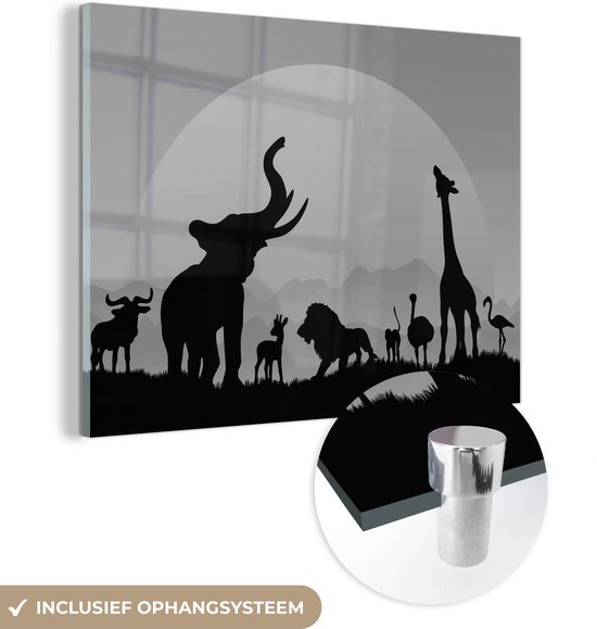 MuchoWow® Glasschilderij 160x120 cm - Schilderij acrylglas - Illustratie van Afrikaanse dieren met een ondergaande zon - zwart wit - Foto op glas - Schilderijen