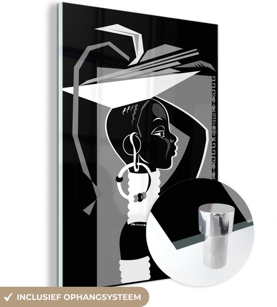 MuchoWow® Glasschilderij 60x80 cm - Schilderij acrylglas - Illustratie van een Afrikaanse vrouw - zwart wit - Foto op glas - Schilderijen