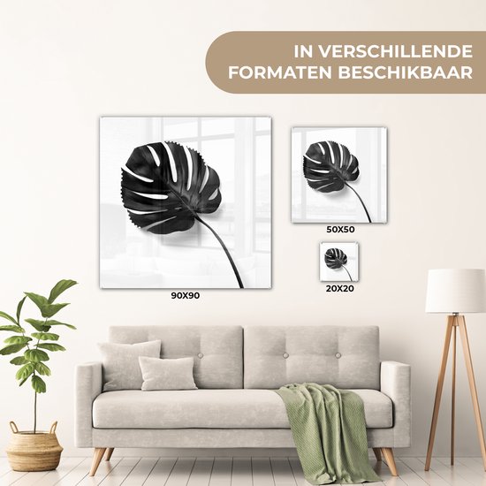 MuchoWow® Glasschilderij 50x50 cm - Schilderij acrylglas - Bijzonder geverfd monstera blad - zwart wit - Foto op glas - Schilderijen