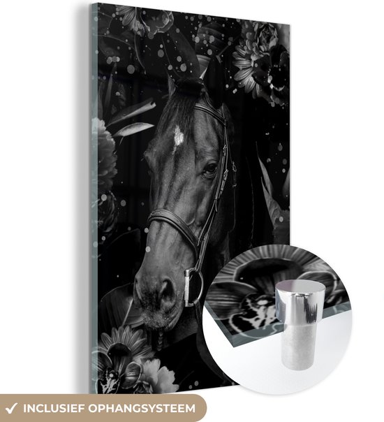 MuchoWow® Glasschilderij 80x120 cm - Schilderij acrylglas - Botanisch paard met lichtbollen tegen donkere achtergrond - zwart wit - Foto op glas - Schilderijen