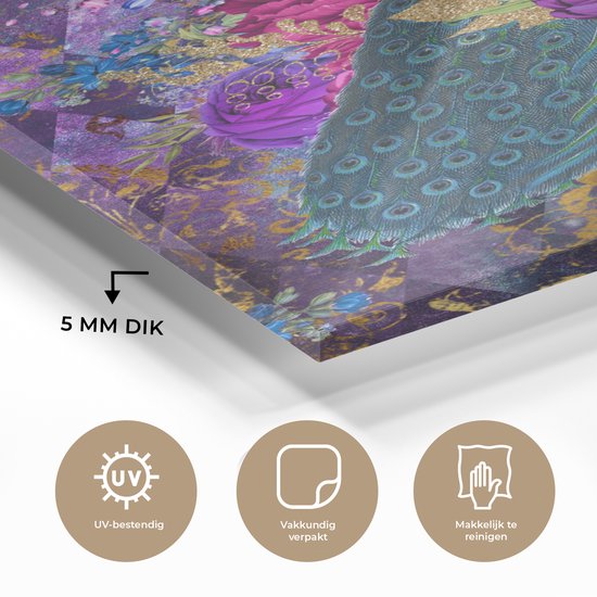 Peinture sur Verre - Motifs - Paon - Violet - Or - 60x90 cm - Peintures Plexiglas