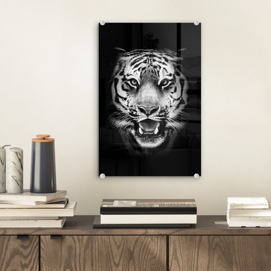 Peinture sur verre - Tête de tigre fond noir - noir et blanc - 20x30 cm - Peintures sur Verre Peintures - Photo sur Glas