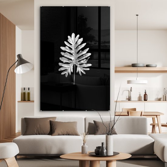 Peinture sur verre - Feuille avec grandes encoches sur fond noir - noir et blanc - 100x150 cm - Peintures sur Verre Peintures - Photo sur Glas