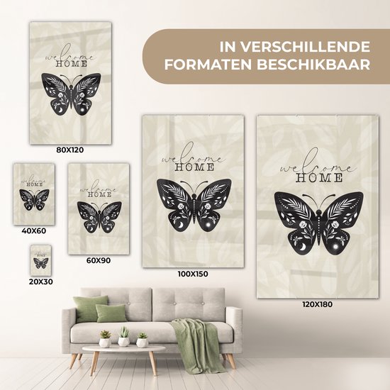 Peinture sur verre - Bienvenue à la maison - Papillon - Zwart - 20x30 cm - Peintures Plexiglas