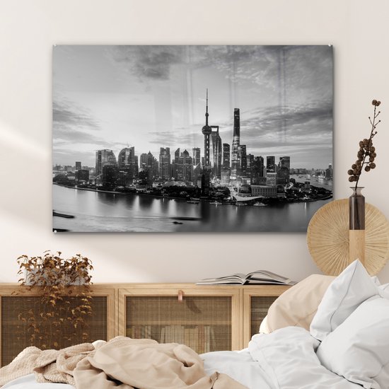 MuchoWow® Peinture sur verre - Shanghai Skyline - noir et blanc - 90x60 cm - Peintures sur verre acrylique - Photo sur Glas
