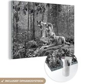 MuchoWow® Glasschilderij 180x120 cm - Schilderij acrylglas - Drie wolven in de herfst - zwart wit - Foto op glas - Schilderijen