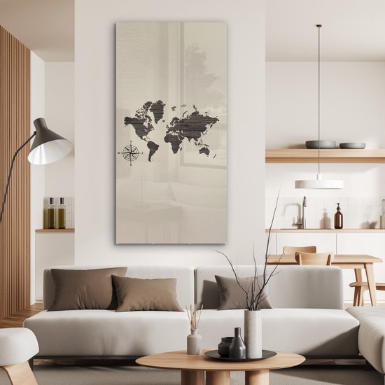Peinture sur Verre - Carte du Wereldkaart - Bois - Marron - 80x160 cm - Peintures sur Verre Peintures - Photo sur Glas