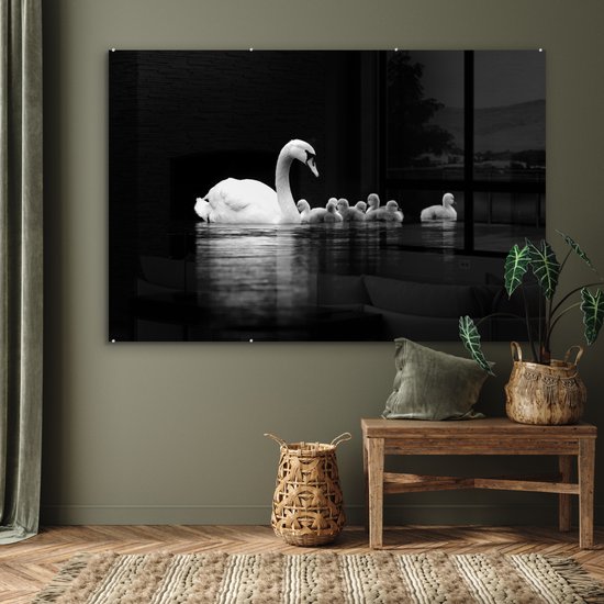 MuchoWow® Tableau en verre 150x100 cm - Peinture acrylique sur verre - Cygnes sur fond noir - noir blanc - Photo sur verre - Tableaux