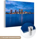 MuchoWow® Glasschilderij 90x60 cm - Schilderij acrylglas - Skyline - Almere - Avond - Foto op glas - Schilderijen