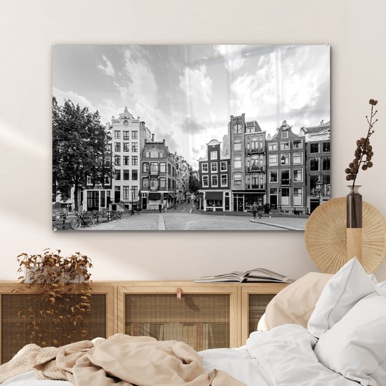 MuchoWow® Peinture sur verre 120x80 cm - Peinture sur verre acrylique - Maisons de canal Amsterdam - noir et blanc - Photo sur verre - Peintures