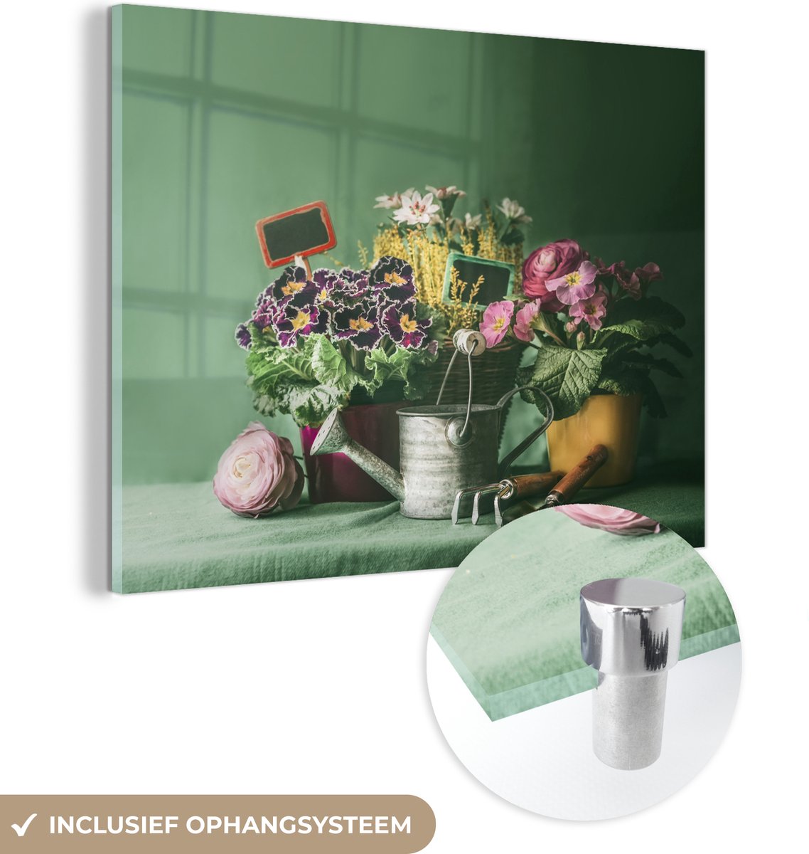 ® Glasschilderij 120x90 cm - Schilderij acrylglas - Tuinieren - Gieter - Bloemen - Foto op