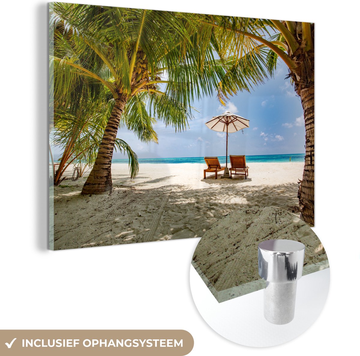 ® Glasschilderij 120x80 cm - Schilderij acrylglas - Strandstoel - Parasol - Palmboom - Fot