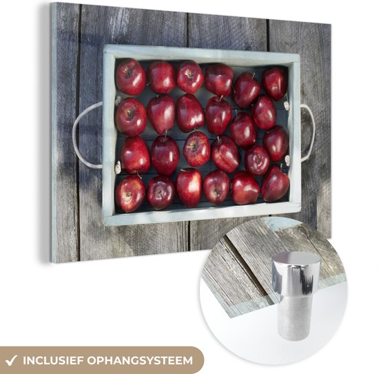 MuchoWow® Glasschilderij 150x100 cm - Schilderij acrylglas - Appel - Fruit - Hout - Foto op glas - Schilderijen