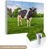 MuchoWow® Glasschilderij 60x40 cm - Schilderij acrylglas - Koe - Gras - Dieren - Foto op glas - Schilderijen