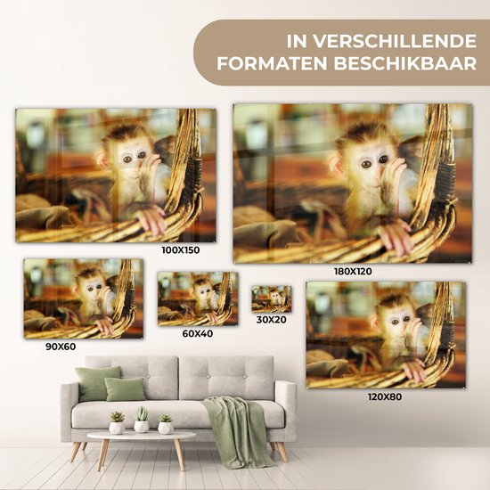 ® Glasschilderij 180x120 cm - Schilderij acrylglas - Baby aap in een rieten mand - Jongen - Kind - Meisjes - Kinderen - Foto op glas - Muurdecoratie woonkamer - Wanddecoratie slaapkamer - Schilderijen