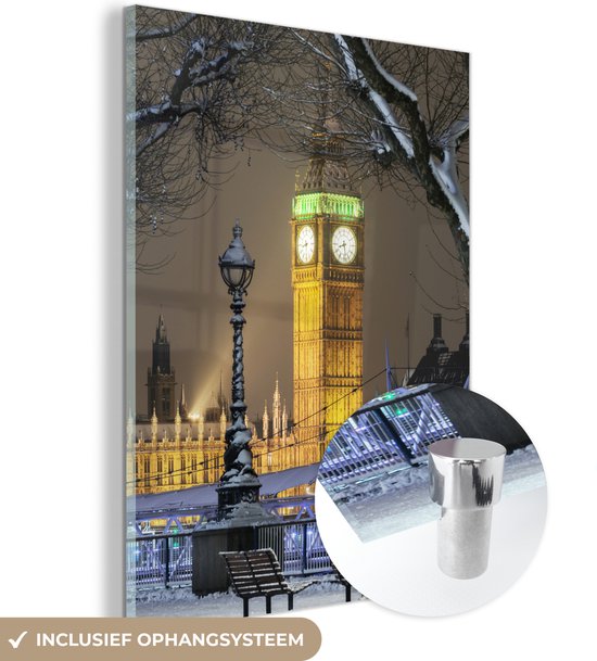 Glasschilderij - Verlichte Big Ben in Londen met sneeuw - Acrylglas Schilderijen - Foto op Glas