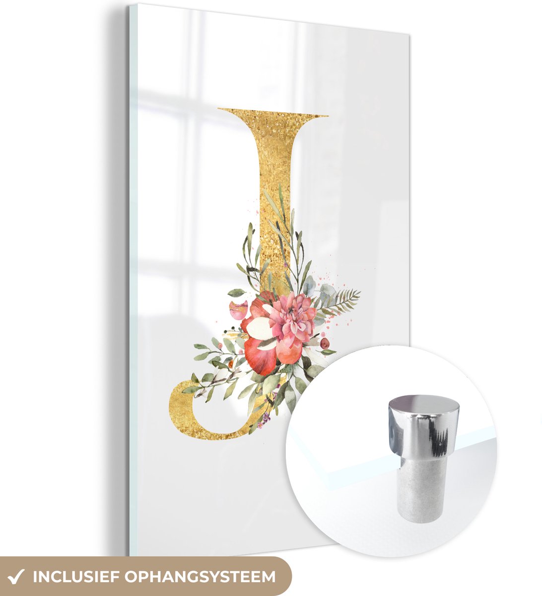 ® Glasschilderij 80x120 cm - Schilderij acrylglas - Letter - Waterverf - Goud - Foto op glas - Muurdecoratie woonkamer - Wanddecoratie slaapkamer - Schilderijen