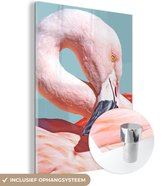 MuchoWow® Glasschilderij 60x80 cm - Schilderij acrylglas - Close-up flamingo - Foto op glas - Schilderijen