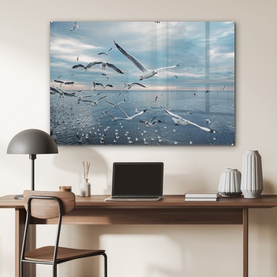 MuchoWow® Peinture sur Verre - Gros Plan Volée de Mouettes - 120x80 cm - Peintures sur Verre Peintures - Photo sur Glas
