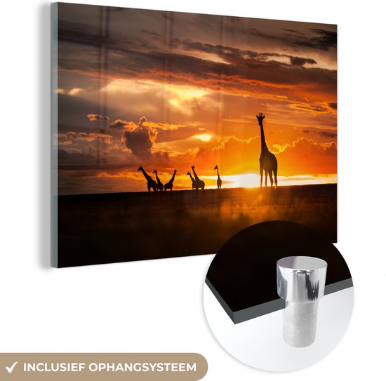 Peinture sur Verre - Silhouettes de Girafes au Coucher du Soleil - 30x20 cm - Peintures sur Verre Peintures - Photo sur Glas