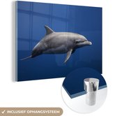 MuchoWow® Glasschilderij 90x60 cm - Schilderij acrylglas - Dolfijn - Zee - Blauw - Foto op glas - Schilderijen