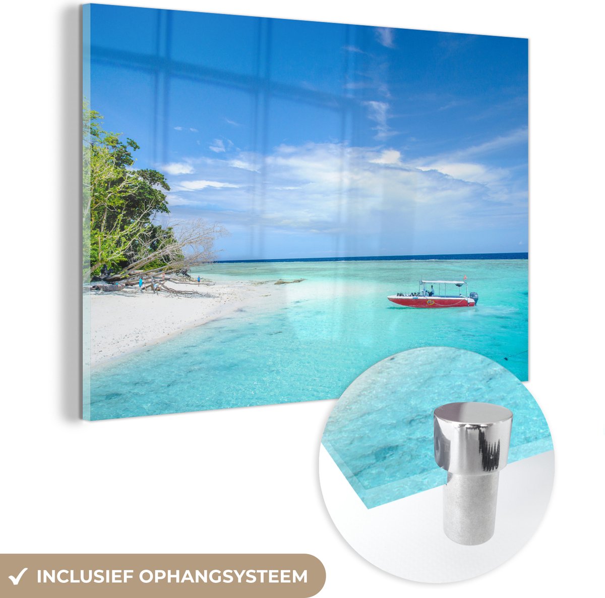 ® Glasschilderij 150x100 cm - Schilderij acrylglas - Boot voor de kust van het Aziatische eiland Sipadan bij Borneo - Foto op glas - Muurdecoratie woonkamer - Wanddecoratie slaapkamer - Schilderijen