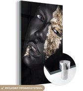 MuchoWow® Glasschilderij 60x90 cm - Schilderij acrylglas - Vrouw - Goud - Zwart - Foto op glas - Schilderijen