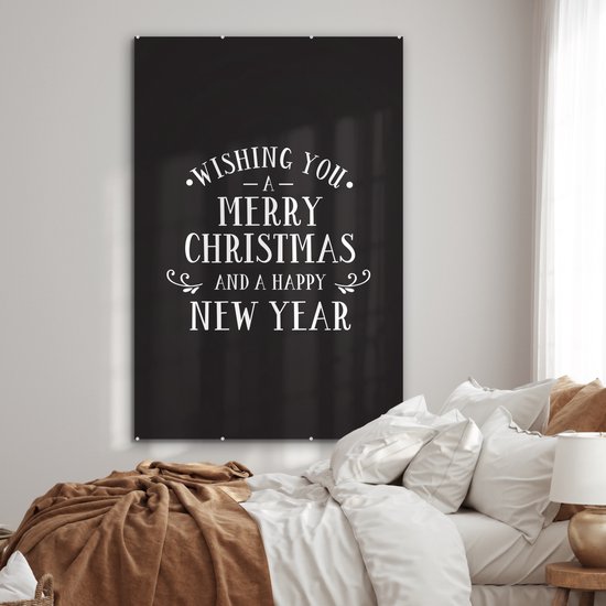 ® Glasschilderij 120x180 cm - Schilderij acrylglas - Kerst quote Wishing you a merry Christmas tegen een zwarte achtergrond - Foto op glas - Muurdecoratie woonkamer - Wanddecoratie slaapkamer - Schilderijen