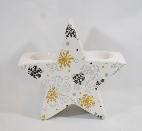 ZoeZo Design - waxinelichtjeshouder - ster - kerstster - wit - goud - 19 x 19 x 7 cm - plaats voor 2 waxinelichtjes - kerst