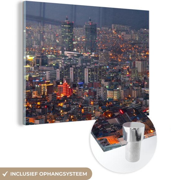 MuchoWow® Glasschilderij 40x30 cm - Schilderij acrylglas - Schemer boven skyline downtown Daejeon Zuid-Korea - Foto op glas - Schilderijen