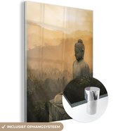 MuchoWow® Glasschilderij 60x80 cm - Schilderij acrylglas - Boeddhabeeld bij zonsondergang - Foto op glas - Schilderijen